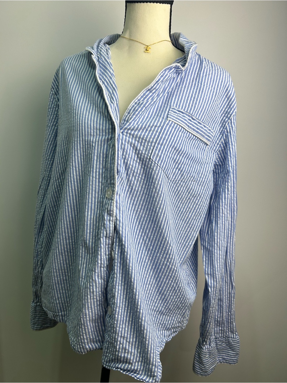 100% Cotton Petite Plume Striped Light Blue & White Relaxed Pajama Shirt - Picture 1 of 7